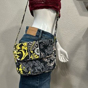 Vera Bradley Baroque Flap Crossbody Purse Black Gray Yellow Floral